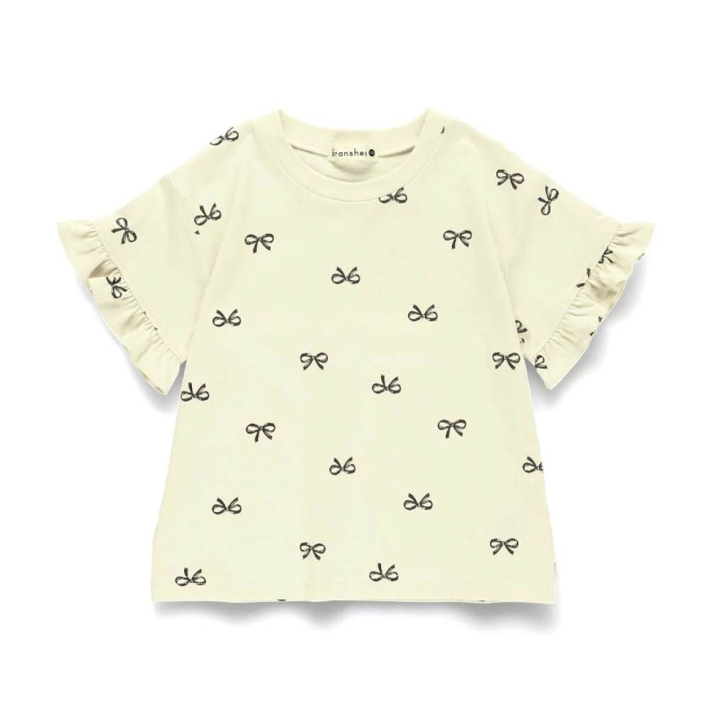 純棉荷葉袖女孩印花短袖上衣-滿版蝴蝶結-象牙白