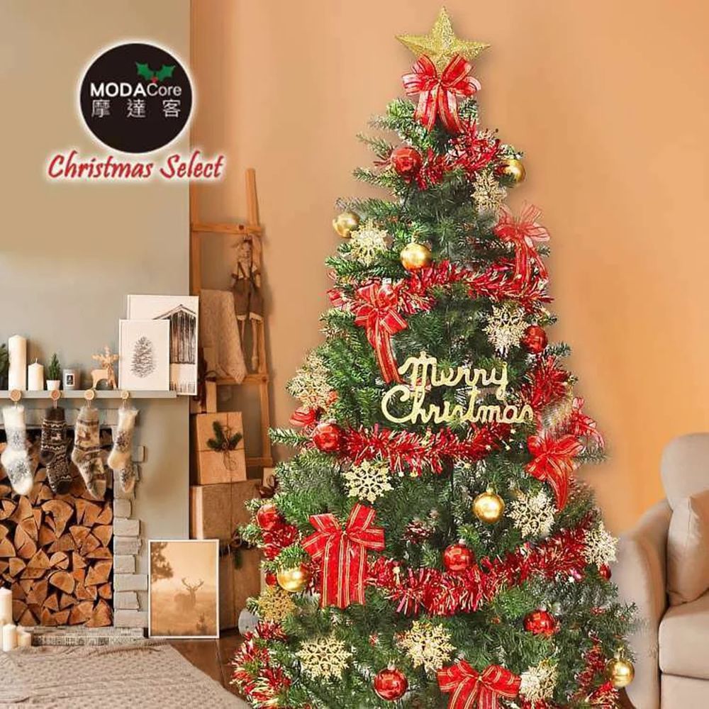 MODACore 摩達客 - 耶誕-6尺/6呎(180cm)特仕幸福型裝飾綠色聖誕樹(綺紅金雪系配件)含全套飾品不含燈/本島免運費
