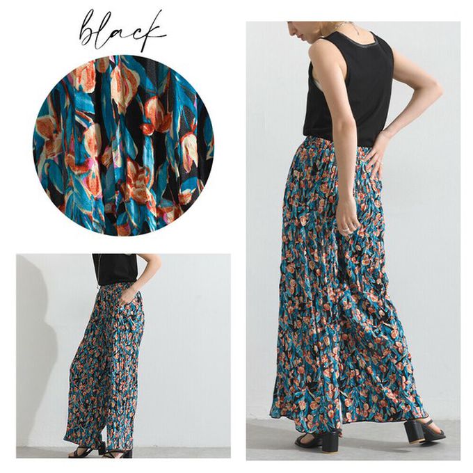 日本 le colis - 華麗藝文花卉飄逸感皺褶寬褲-藍紫系