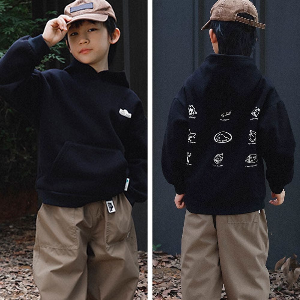 保暖加絨山系印花連帽長袖上衣-黑色