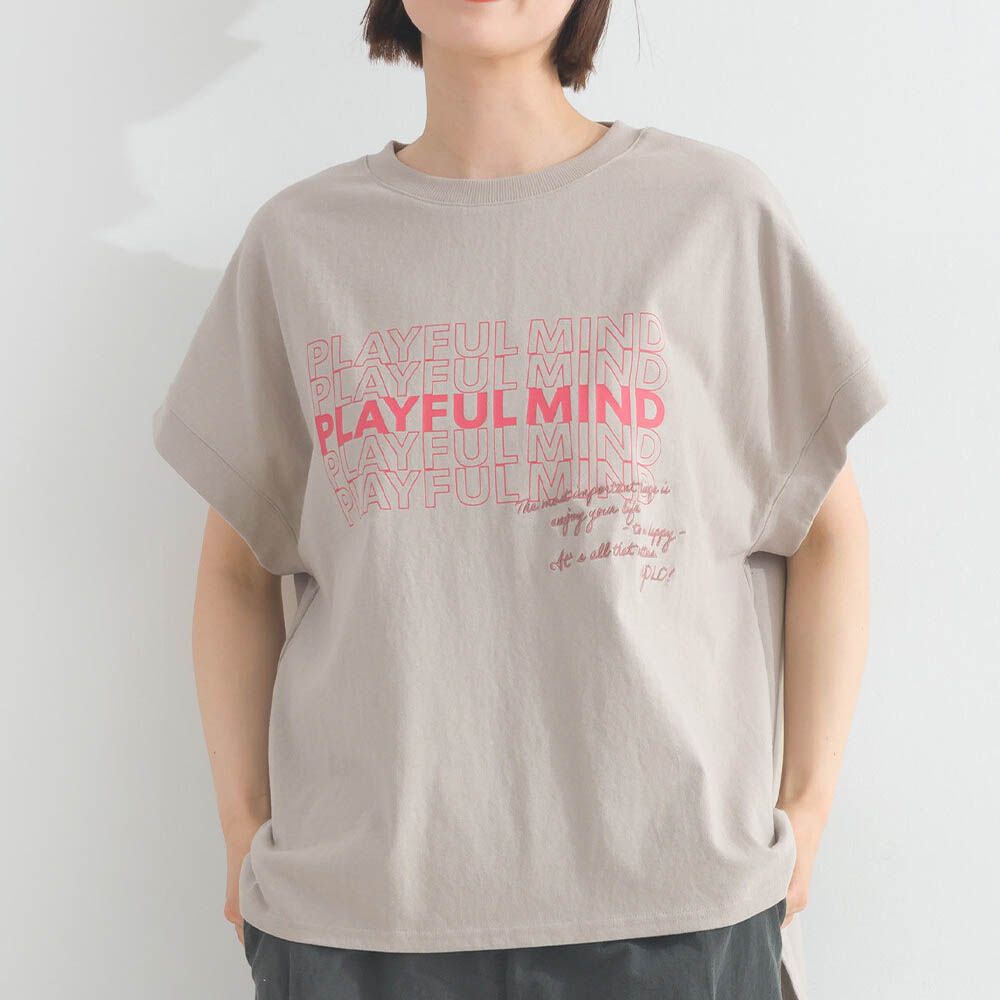 16OE天竺棉 法式英文標語短袖上衣-淺卡其