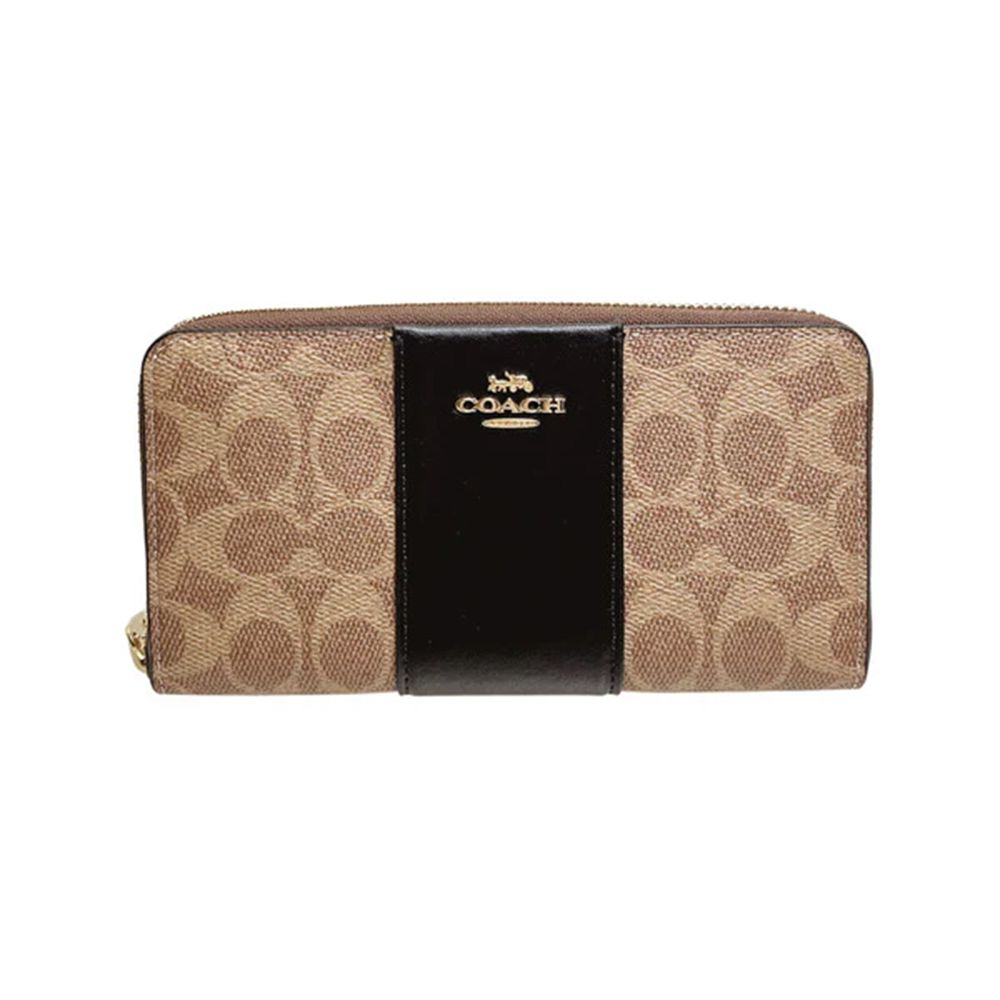 條紋拼接皮革拉鍊皮夾 (卡其黑)