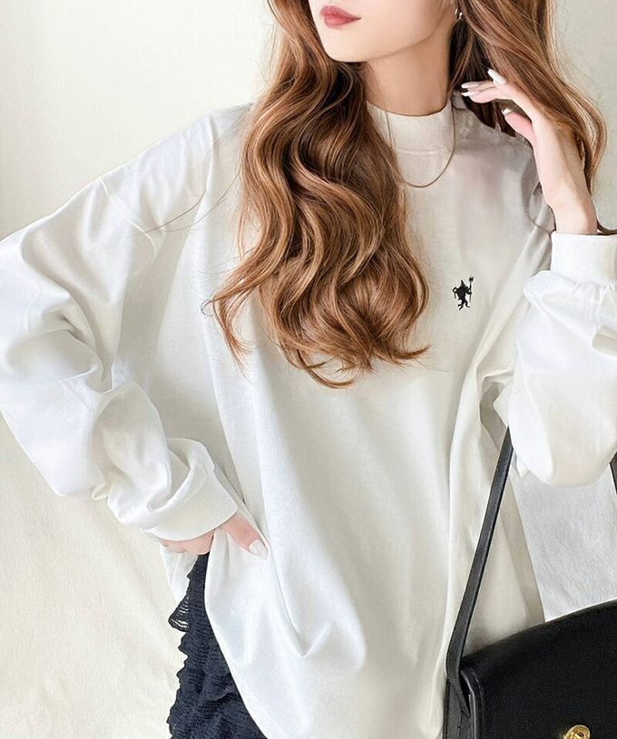 日本 Classical Elf - 百搭logo刺繡微立領長袖上衣-米白