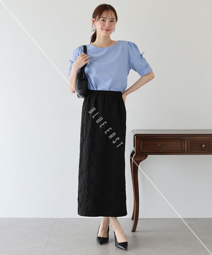 日本 BLUE EAST - 甜美可愛蝴蝶結點綴短袖上衣-條紋-藍 (M)