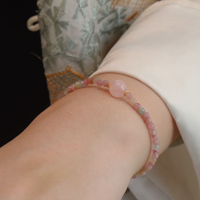 天然碧璽石和田玉粉水晶開運轉運珠手鏈 新年過年開運串珠手鍊