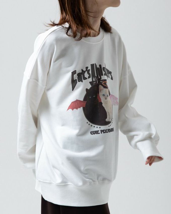 日本 gleam - 裏毛寬版天使惡魔貓咪印花大學T-淺灰