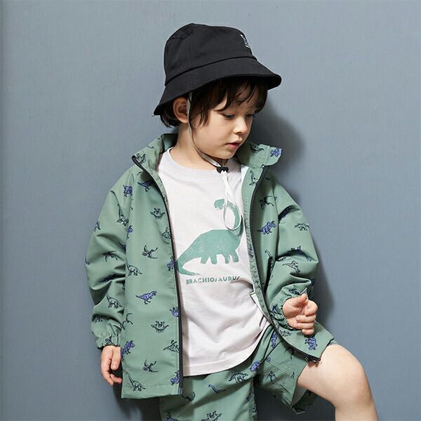 日本 b-ROOM - 潑水加工 連帽2WAY防風外套(附收納袋)-恐龍-軍綠