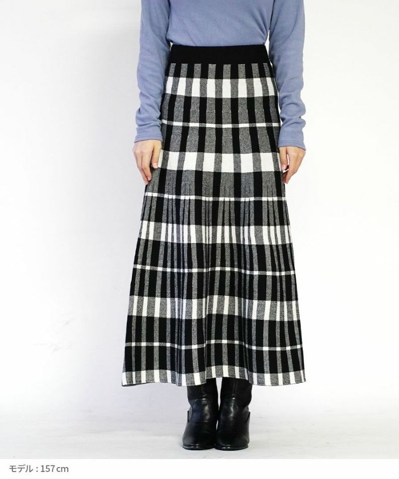 日本 zootie - 單色格紋百褶針織長裙-黑白-M