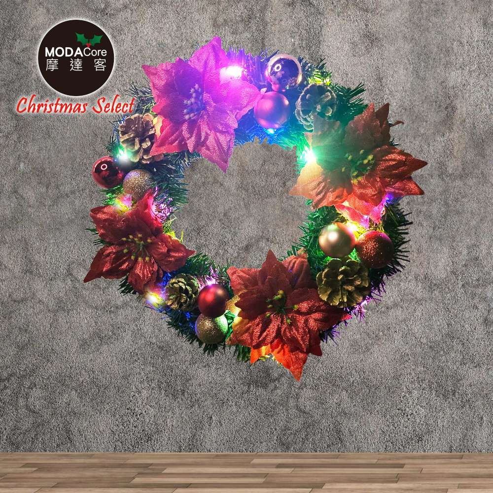 14吋浪漫朵朵聖誕花豪華綠色聖誕花圈福臨圈_紅金系+20燈LED彩光燈串_本島免運費