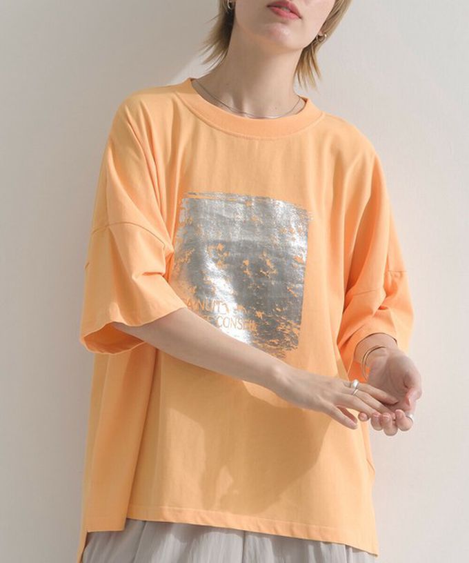 日本 le colis - 接觸冷感 金銀箔方塊印花T恤-橘