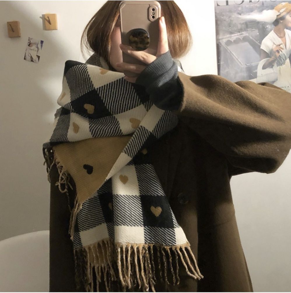 超柔軟愛心格子加厚重磅雙面圍巾-黑色-成人圍巾披肩-黑色-200 x 70 cm