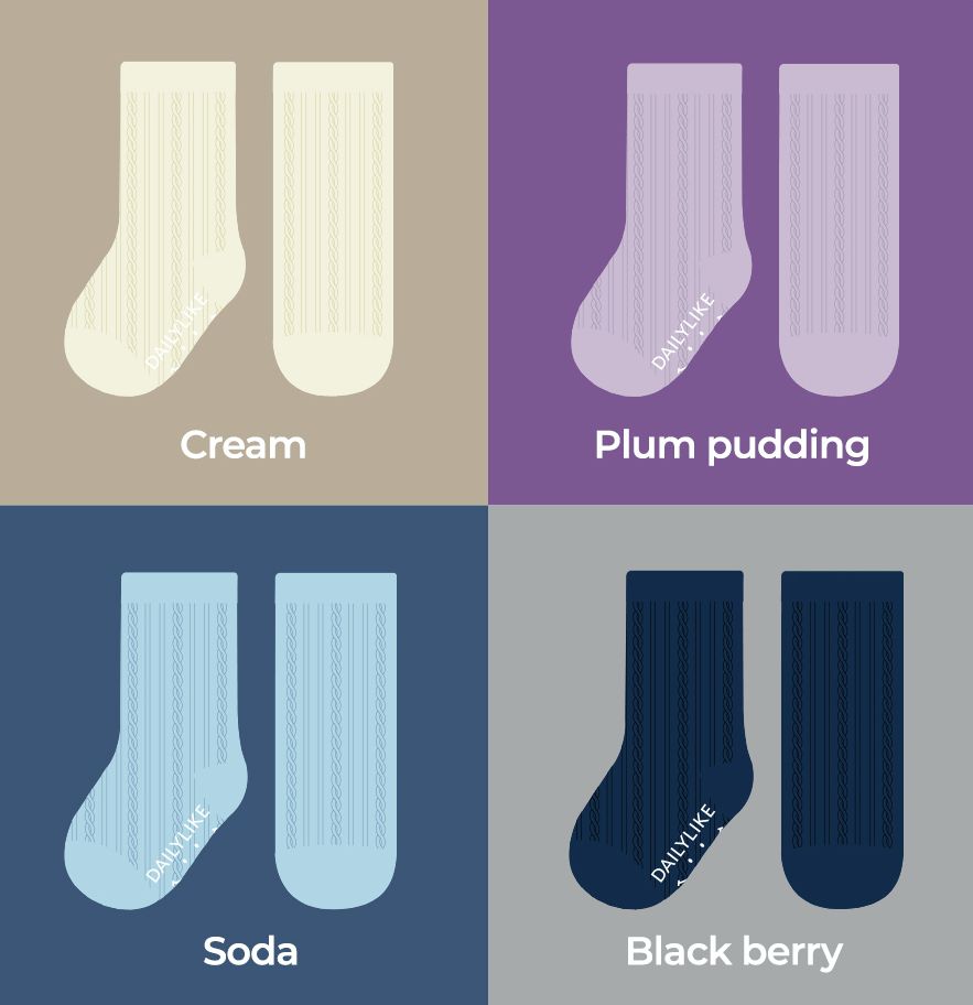 韓國 Daily Like - 兒童襪子/中筒襪4入組-純色麻花捲02
