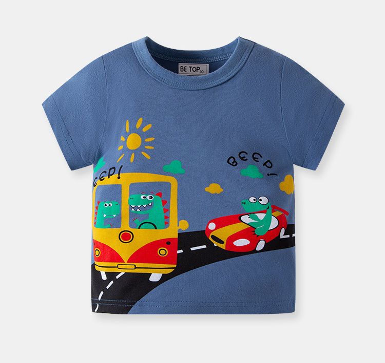 BE TOP - 純棉短袖上衣-恐龍出遊-海軍藍