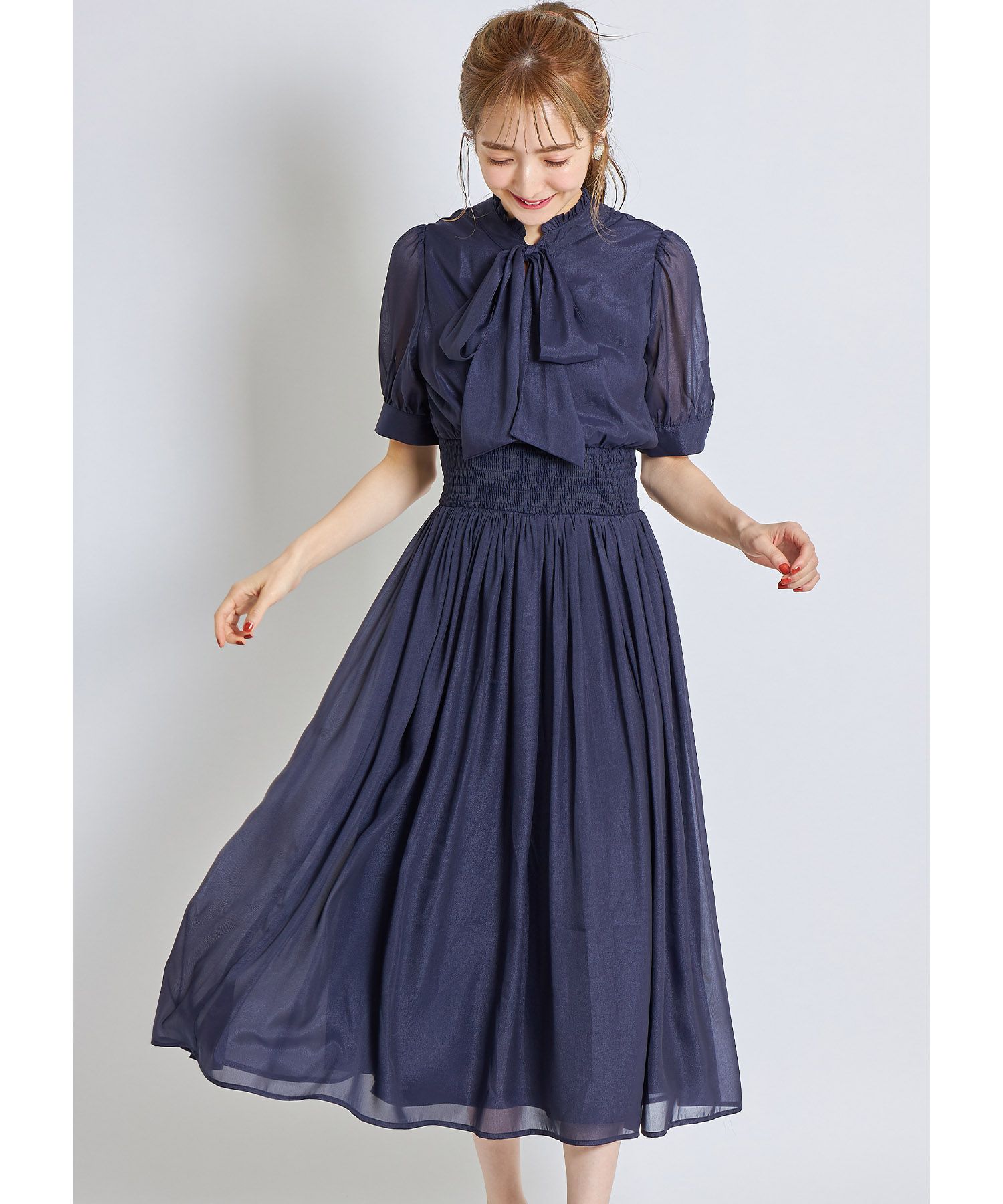 日本 tocco-closet - 2WAY甜美蝴蝶結雪紡洋裝-海軍藍