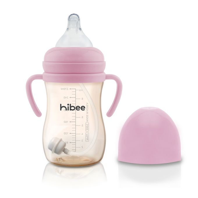 正韓 hibee - 蜜糖Q瓶 仿媽咪乳房感 PPSU 防脹氣寬口奶瓶/水瓶270ml_含重力球吸管與把手-粉_HB1P (附吸管刷)