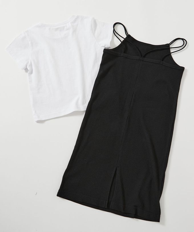 日本 devirock - 兩件式吊帶羅紋短袖洋裝-黑