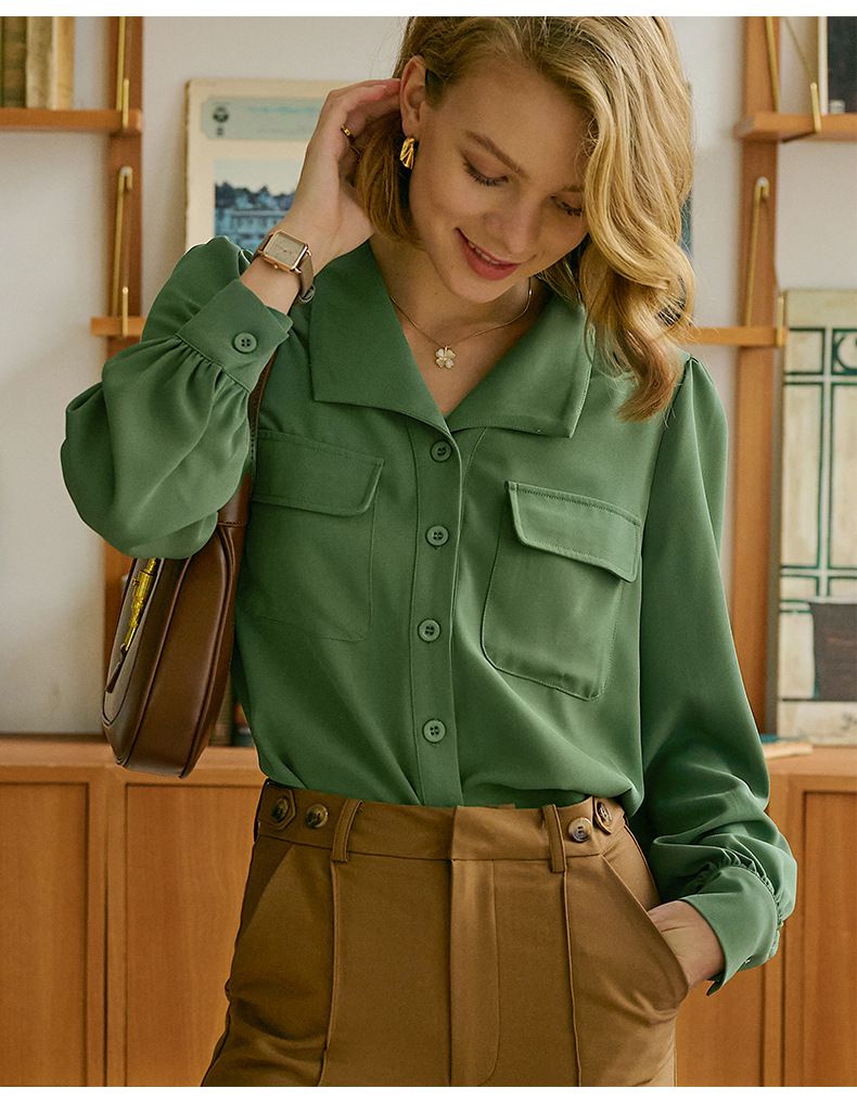 復古棉質口袋長袖襯衫-抹茶綠