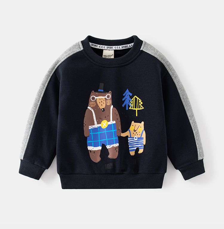 WELLKIDS - 拼色圓領長袖上衣-地鼠家族-深藍色