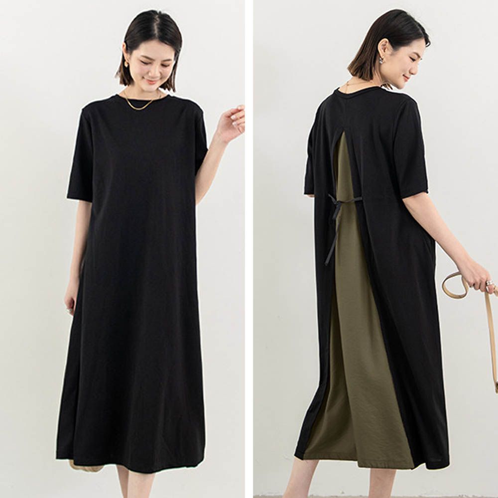 氣質顯瘦A字五分袖長洋裝-後拼接綁帶-黑+軍綠 (F)