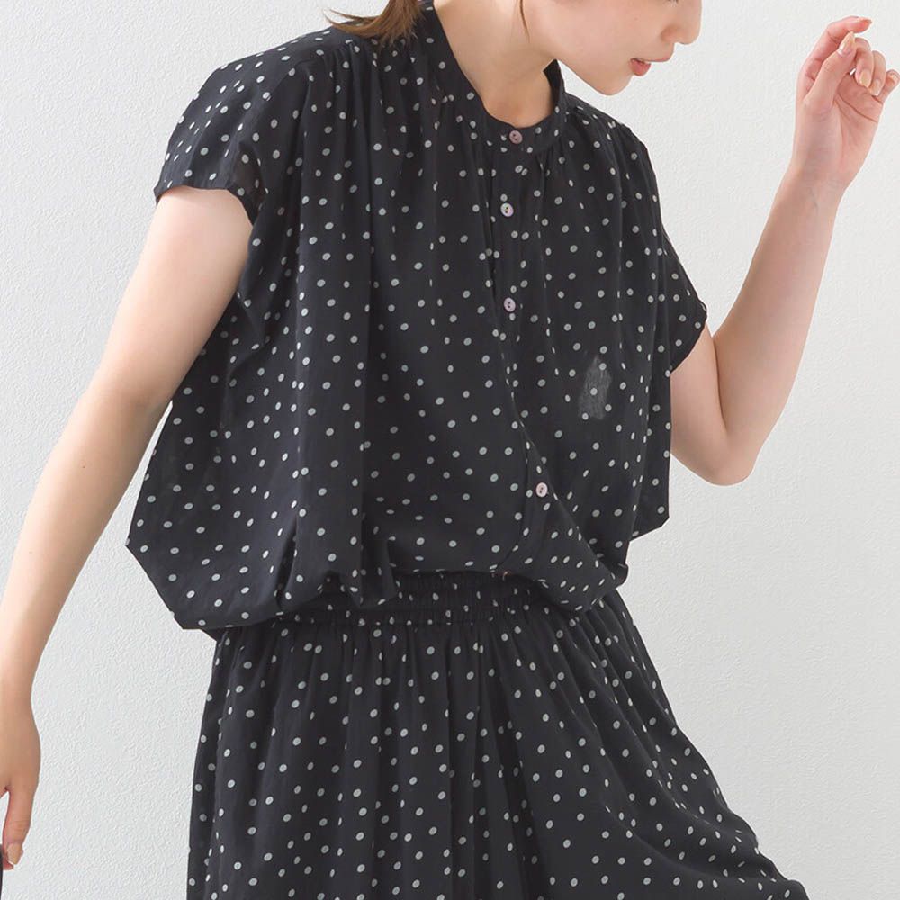 100%印度棉 輕盈寬版襯衫式上衣-圓點-黑