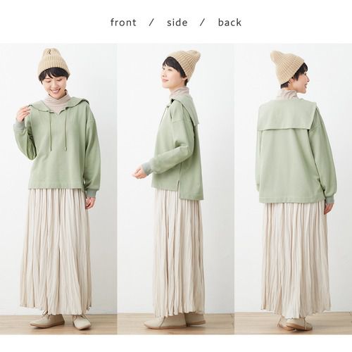 日本 BELLUNA - 休閒水手領裏毛長袖上衣-淺米杏