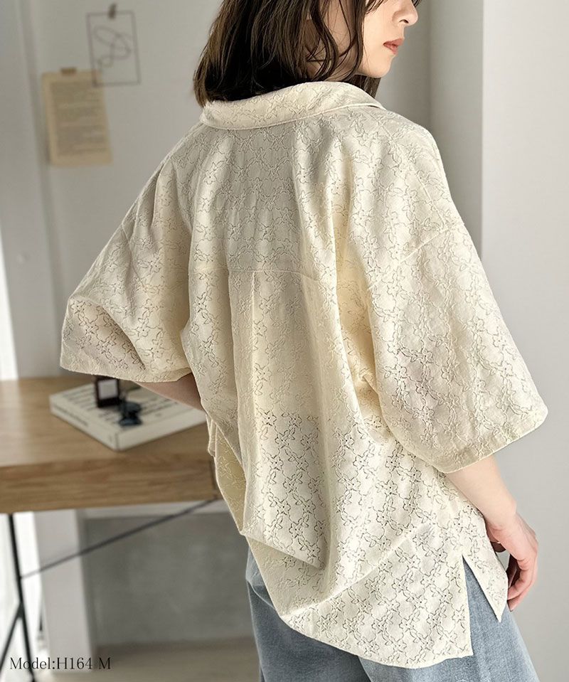 日本 Classical Elf - 浪漫花朵蕾絲翻領短袖襯衫-淺米杏