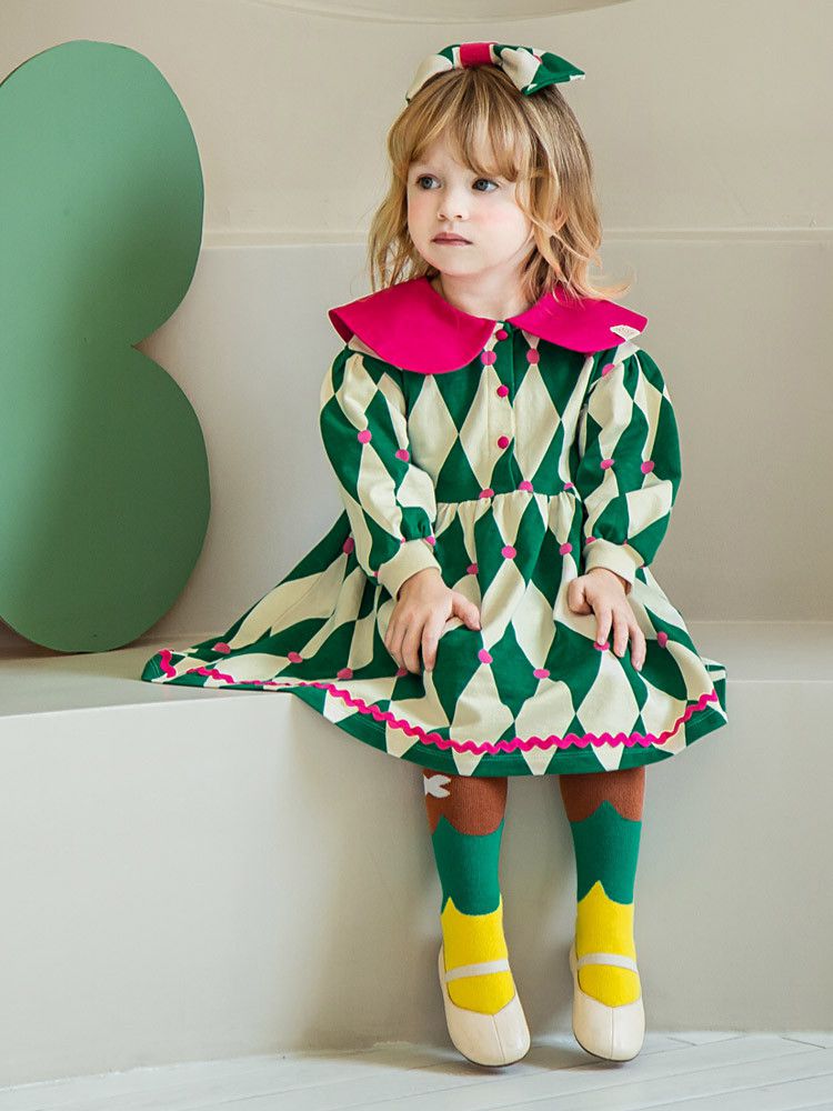 韓國 Pimpollo - 菱格紋撞色翻領洋裝-黃