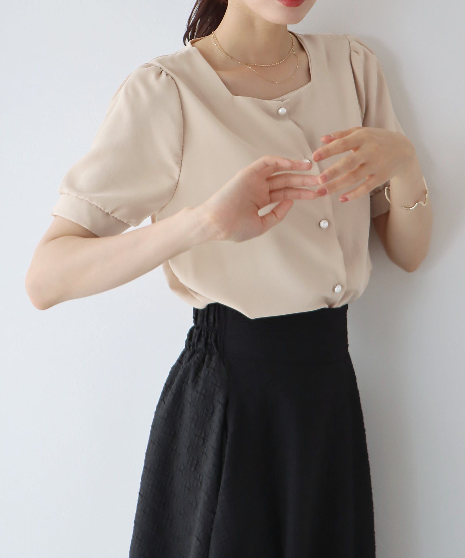 日本 BLUE EAST - 法式方領短袖珍珠釦襯衫-水藍