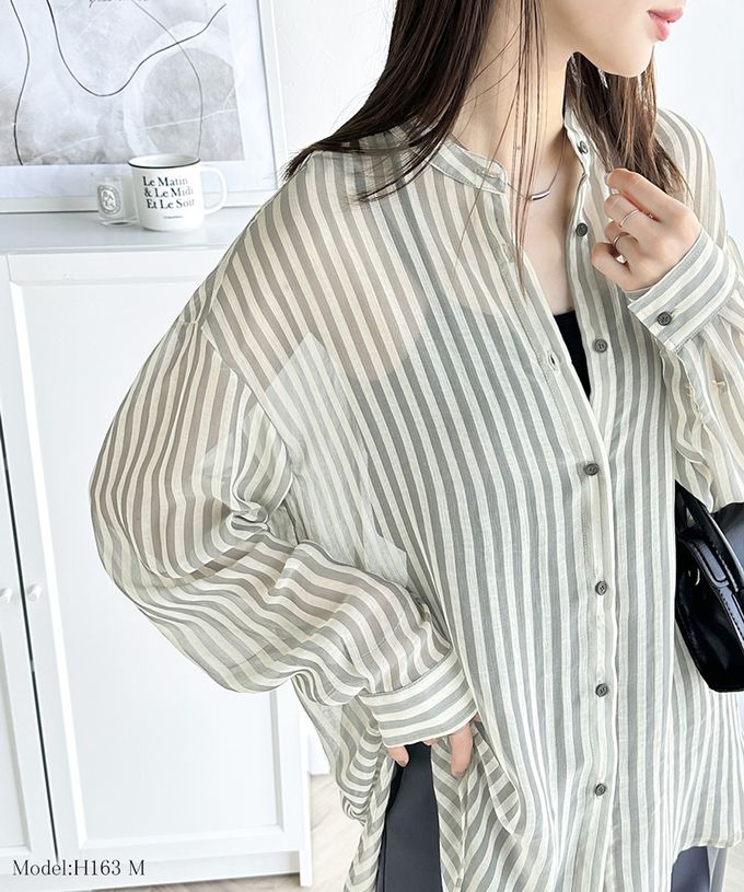 日本 Classical Elf - 透膚優雅休閒條紋寬版襯衫-黑米系