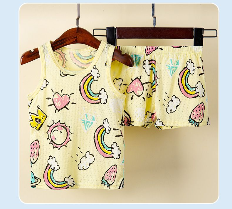 卡通網眼洞洞無袖家居服套裝/空調服-貓咪-粉色