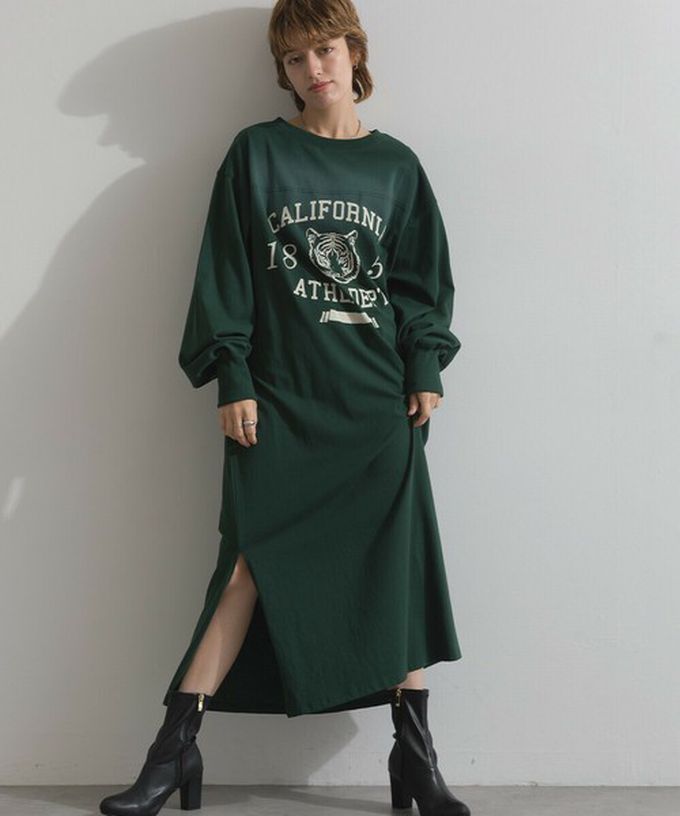 日本 Lupilien - 帥氣老虎印花側開叉長袖洋裝-灰棕