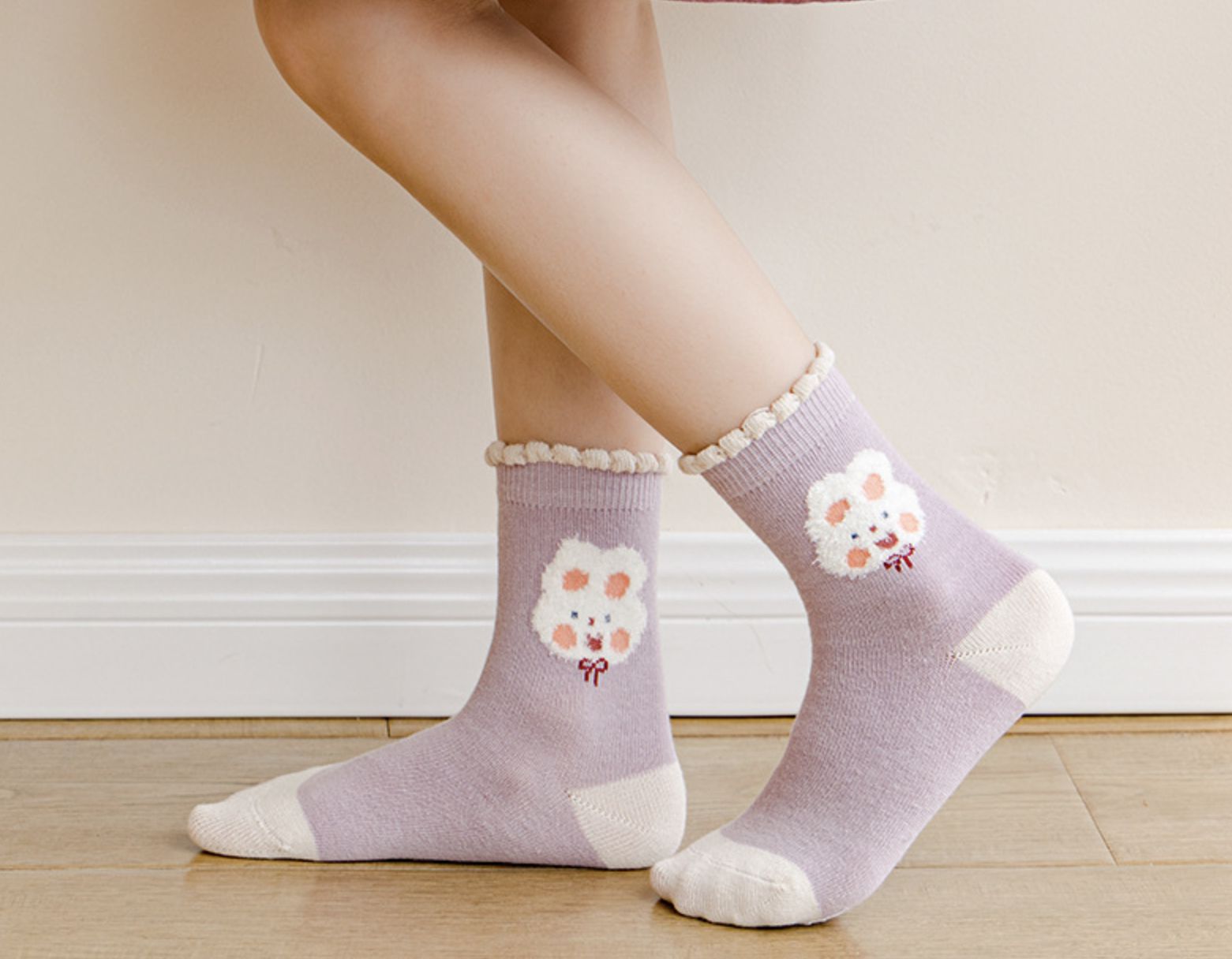love, charlotte - 香芋玫瑰小兔子花邊中筒襪-5 雙一組
