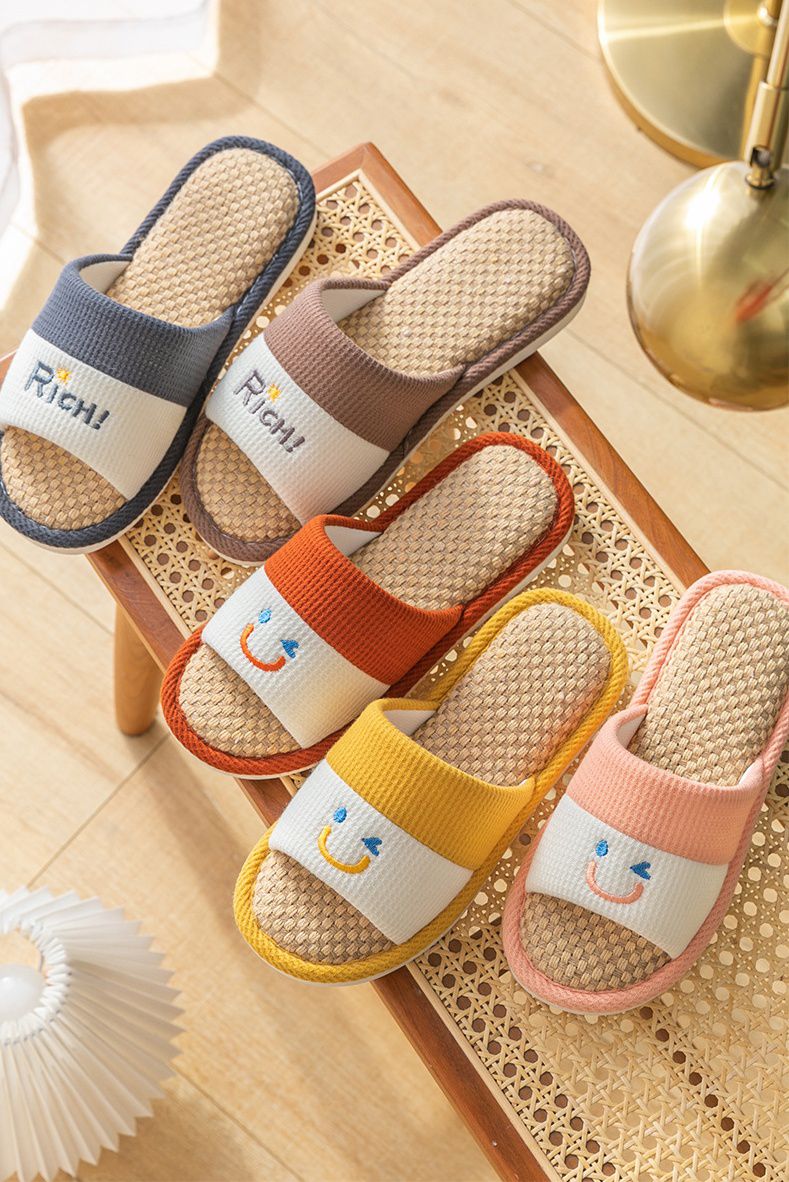 亞麻室內拖鞋-眨眼睛款-粉紅色