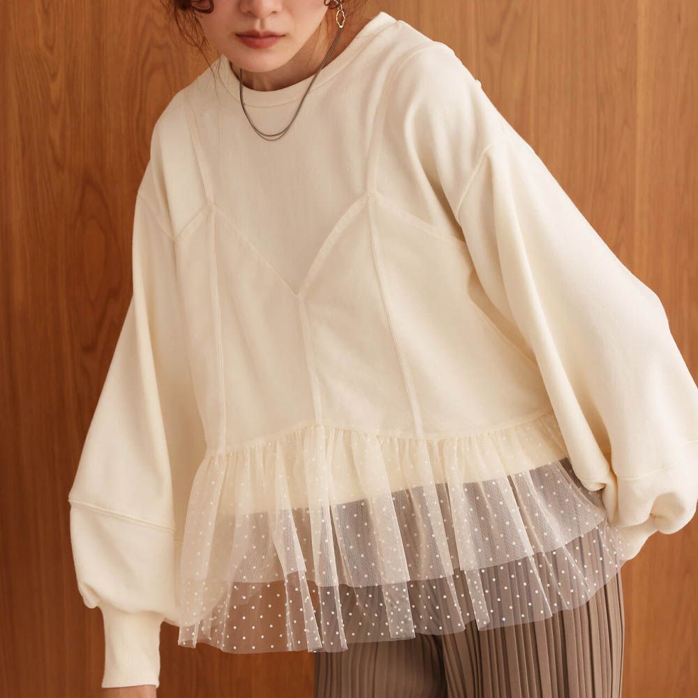 浪漫層次吊帶+裏毛上衣(2件組)-圓點薄紗-米白