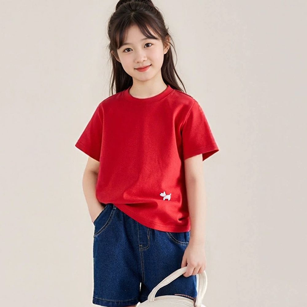 軟綿綿百搭短袖上衣/T恤-小狗印花-紅色