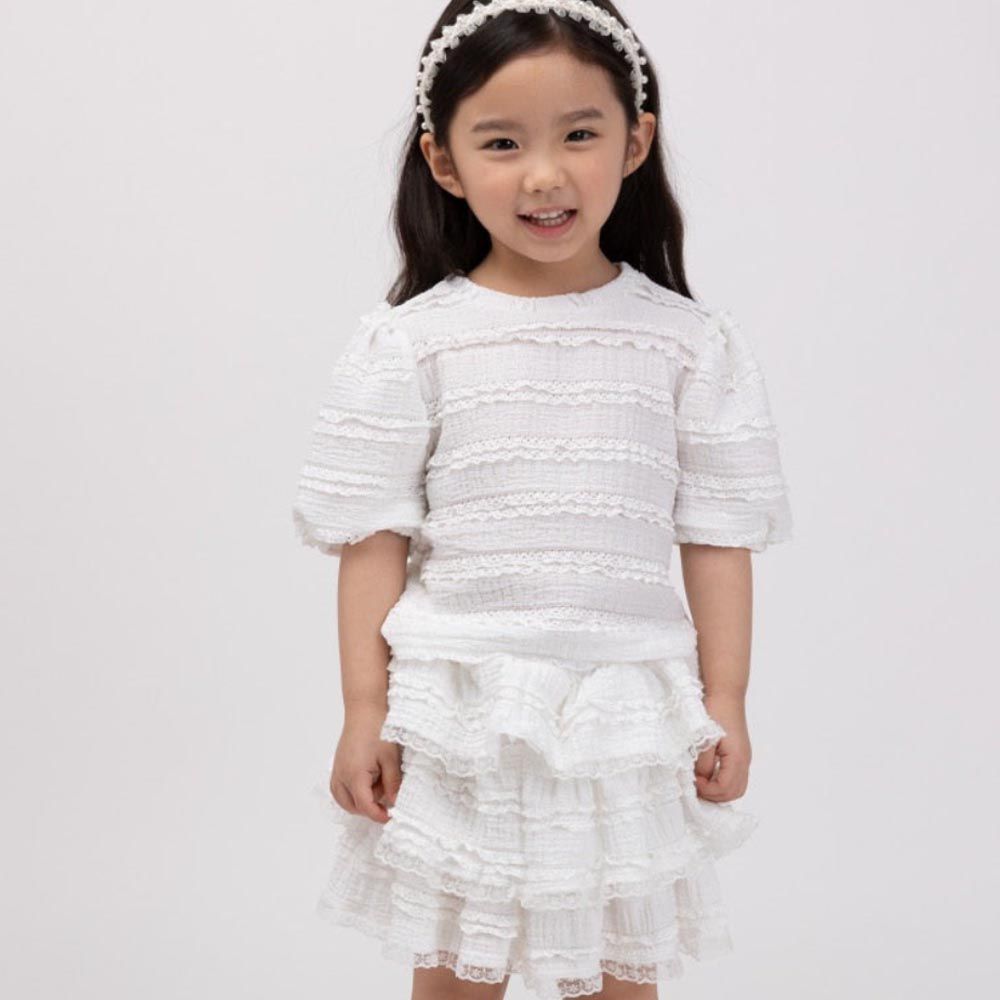 韓國 Coco Bang - (兩件式)公主袖蕾絲蛋糕層次裙套裝-白