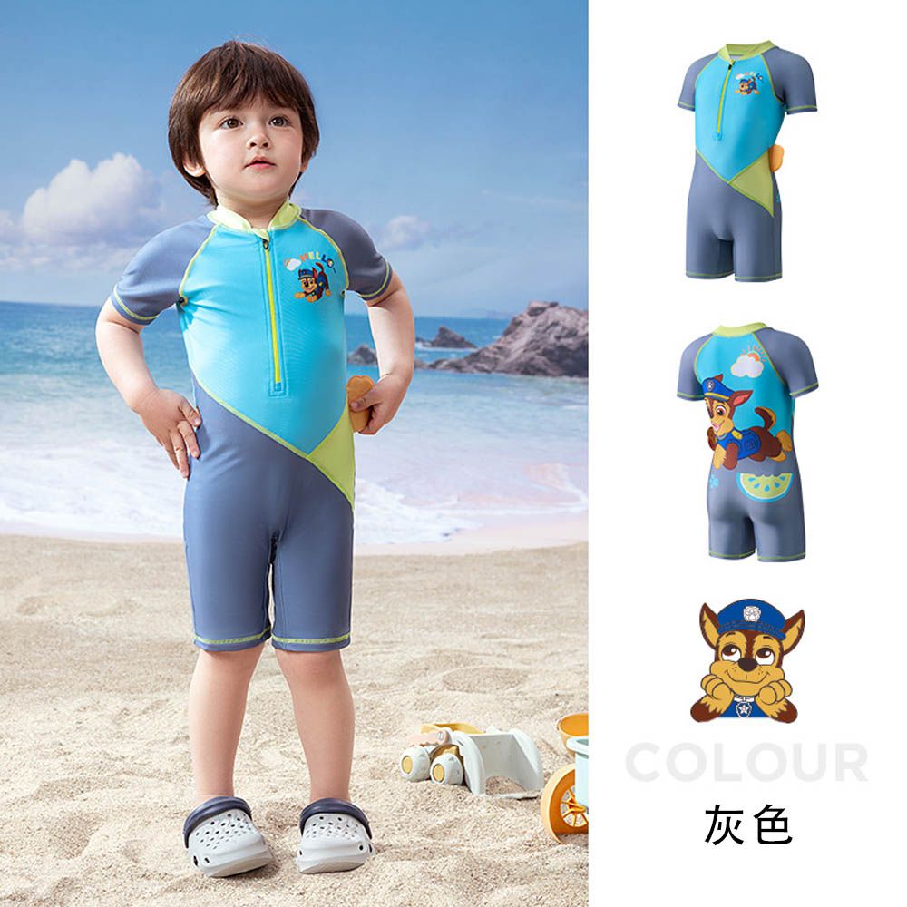 UPF50+短袖連身泳裝-卡通人物阿奇-灰藍