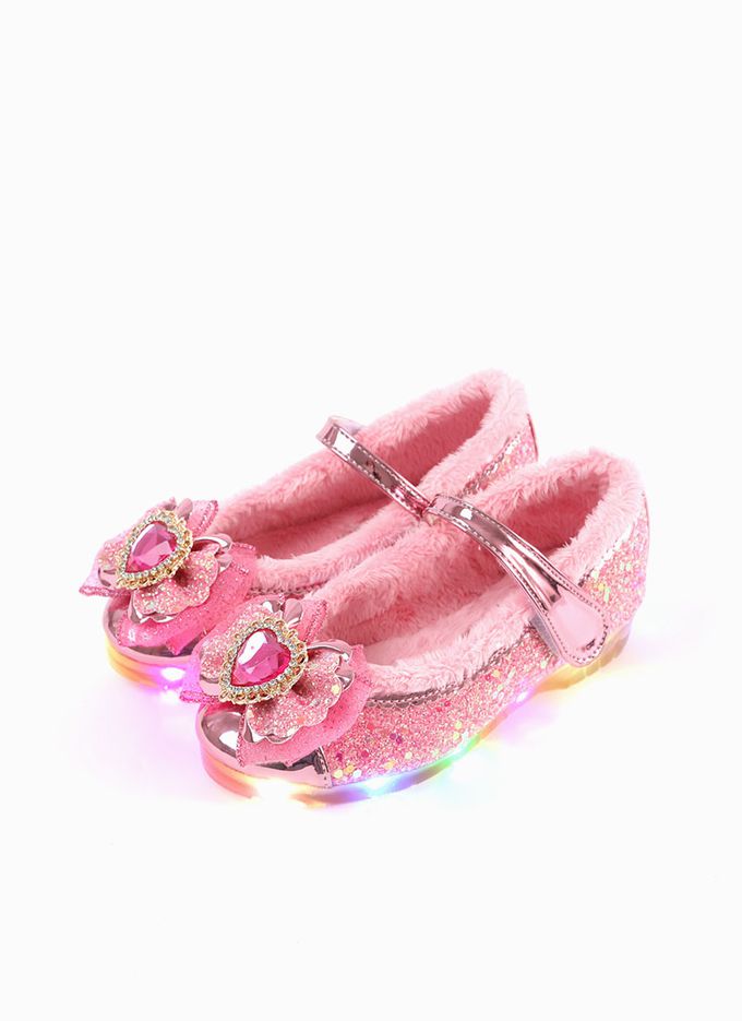 韓國 OZKIZ - (LED)蝶結愛心拼接刷毛矮跟皮鞋-紫