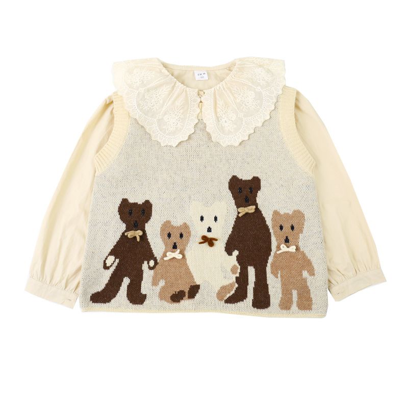 兩件式木耳大翻領長袖襯衫-襯衫+針織背心-米色