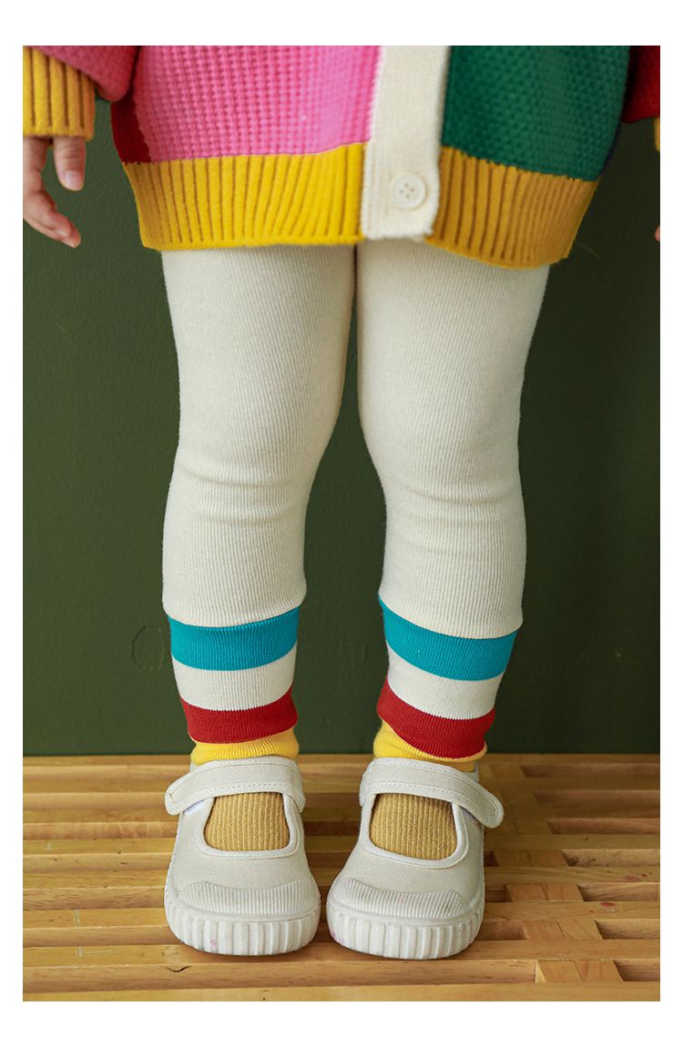 腰鬆緊羅紋束口內搭長褲-繽紛條紋-灰色