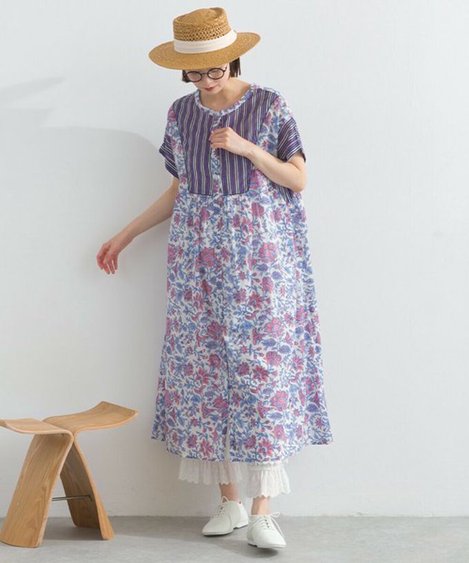 日本 Lupilien - 前後2way 自然風花卉印度棉輕盈洋裝-海軍藍