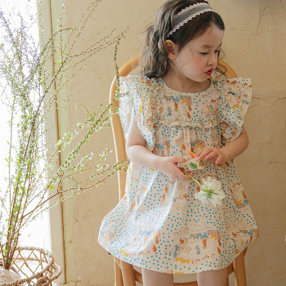 手繪風格層次荷葉袖洋裝-彩繪馬戲團-白