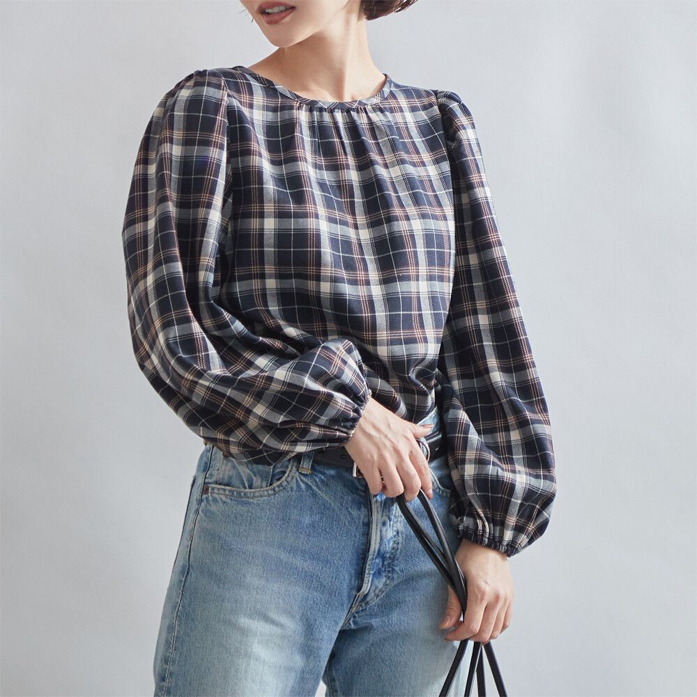 日本 Rejoule - 復古格紋綁帶澎澎袖上衣-深藍X咖格紋 (M(Free size))