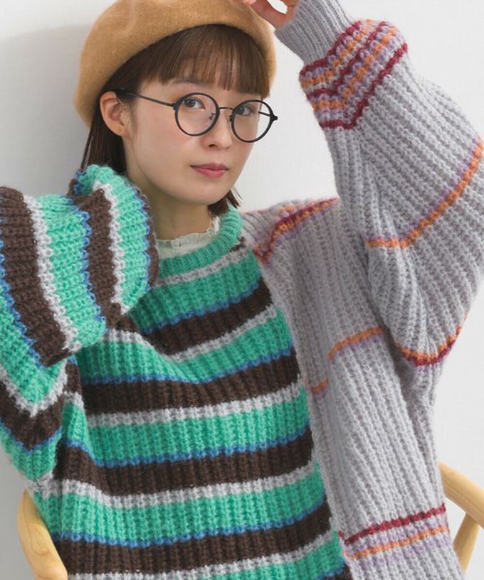 日本 Lupilien - 交錯明亮撞色條紋粗編毛衣-棕色系