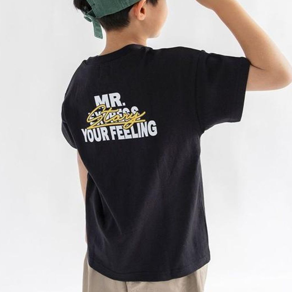 100%棉 簡約印花短袖上衣-背後英文-黑