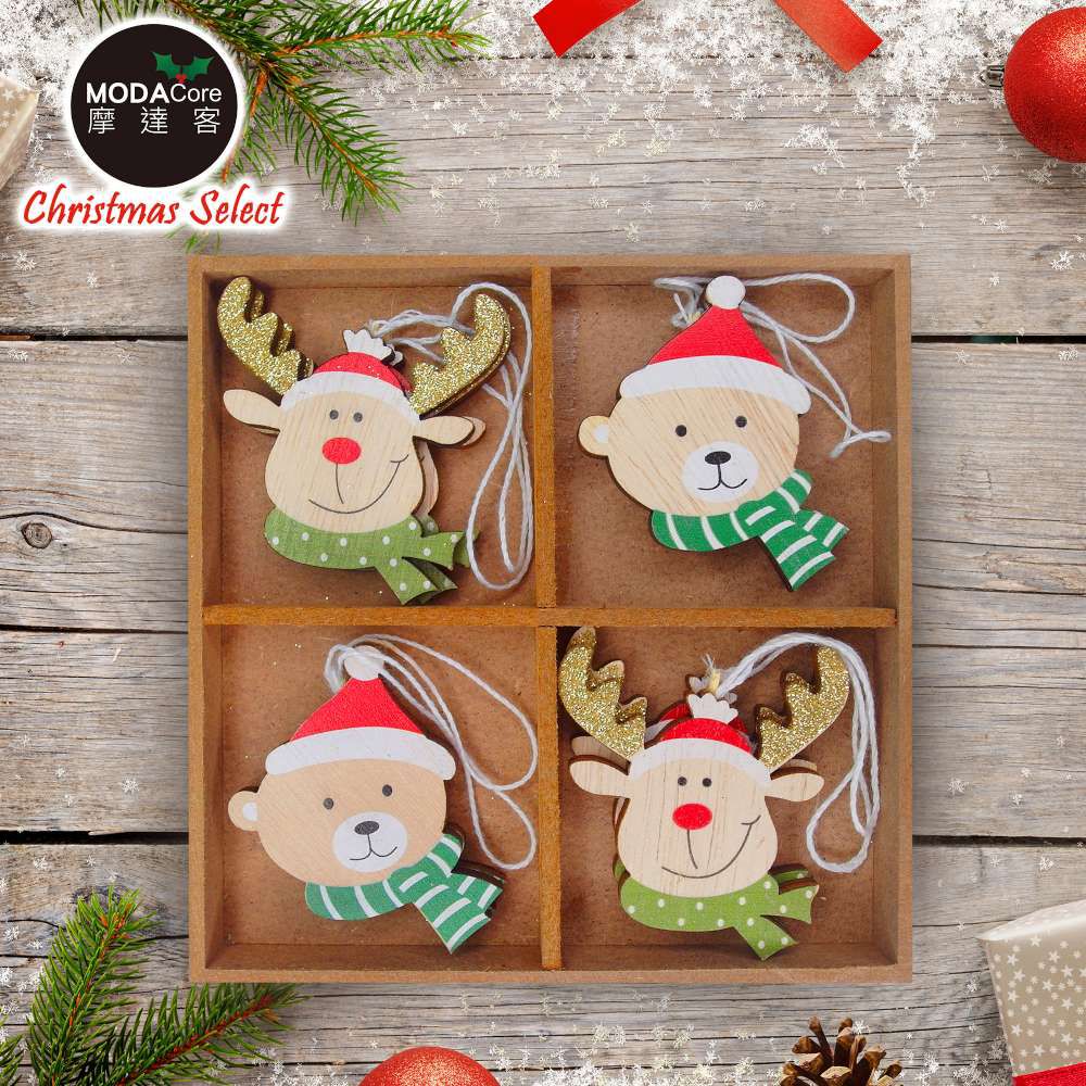 MODACore 摩達客 - 摩達客耶誕-質感聖誕帽木質彩繪(單面)吊飾-小熊+麋鹿混款16入(8入*2盒裝)