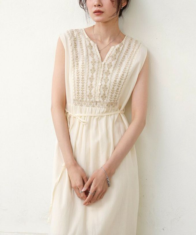 日本 Bab - 100%印度棉刺繡腰綁帶無袖洋裝-煙燻藍