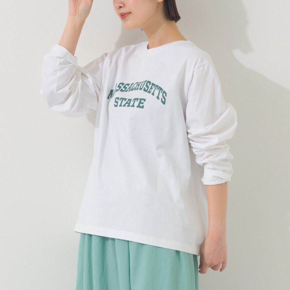 100%棉 簡約英文標語長袖上衣-白