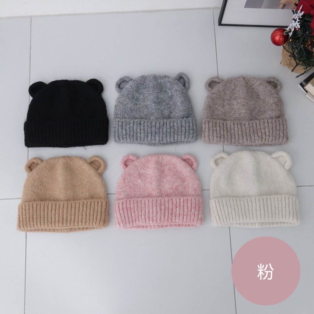 可愛熊熊耳朵裝飾編織毛帽-粉 (FREE)