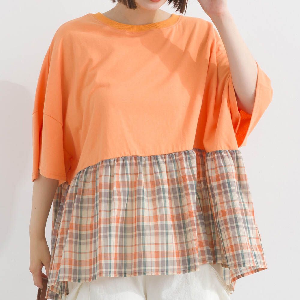 接觸涼感 可愛格紋休閒五分袖上衣-橘